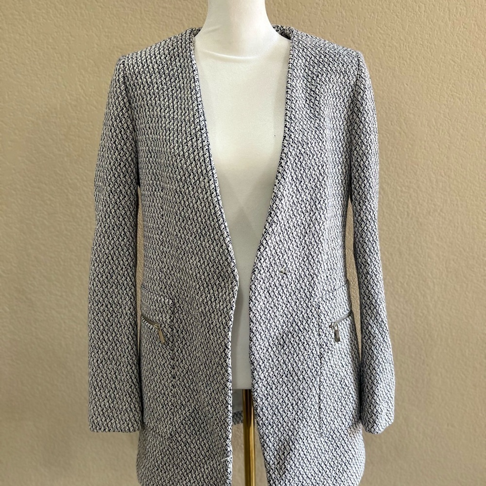 ZARA NAVY & ECRU LONG JACQUARD BLAZER JACKET WITH ZIPPED POCKETS SZ M CAREER EUC - Picture 5 of 16
